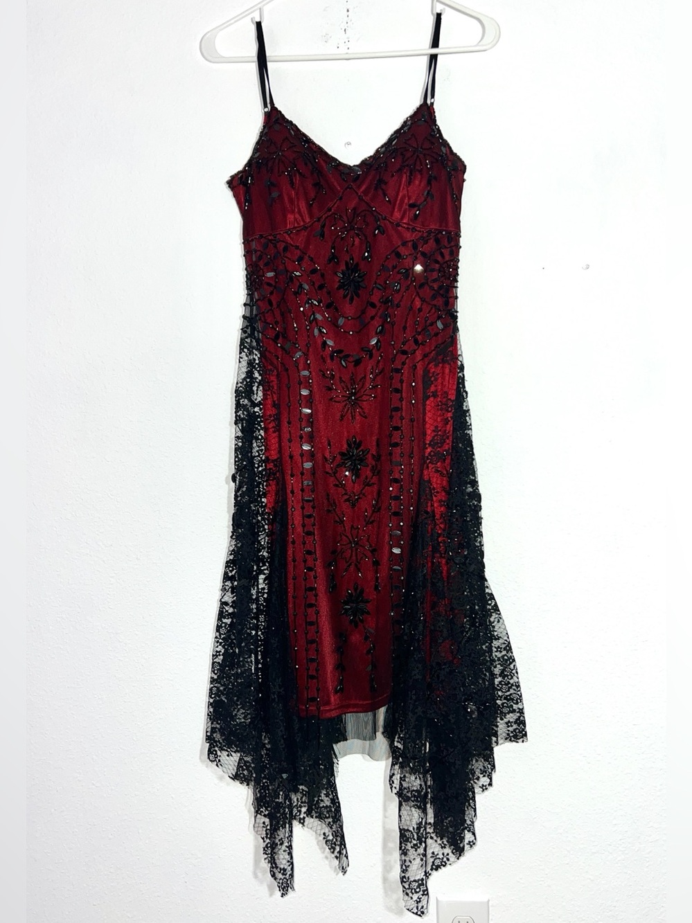 Vintage Caché Black Lace Beaded Mesh Red Slip Dress - Whimsigoth  Women’s Sz 8 - Picture 3 of 15